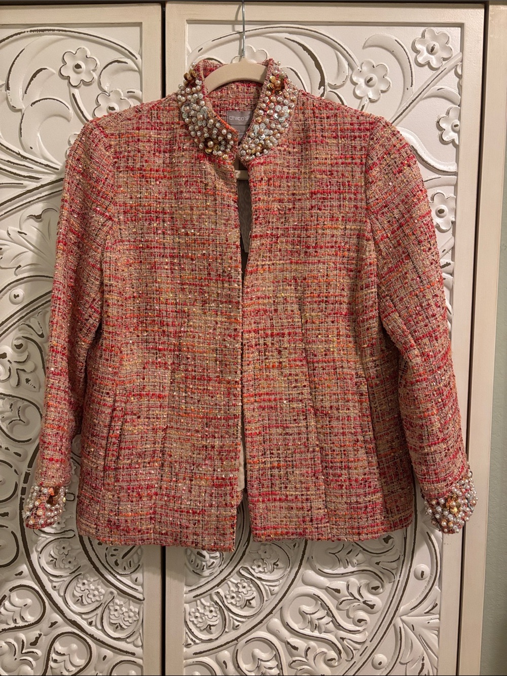 Chico's Pink Multi-Tone Tweed Jacket with Pearl-Collar